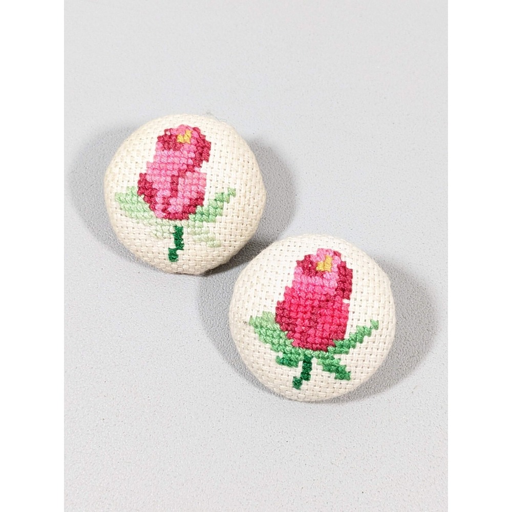 Vintage Needlepoint Earrings Pink Floral Round Clip On Cottagecore